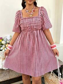 Striped Square Neck Bishop Sleeve A-Line Plus Size Mini Dress, Suitable For Office, Daily Wear, Vacation And Spring/Summer Casual Outings - Multicolor - View 4