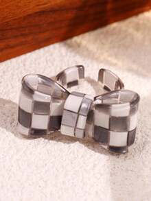 1/2pcs Y2K Black & White Checkerboard Bow Rings, Colorful Striped Print Rings, Daily Personalized Minimalist Women's Finger Rings Gift - Multicolor - View 9