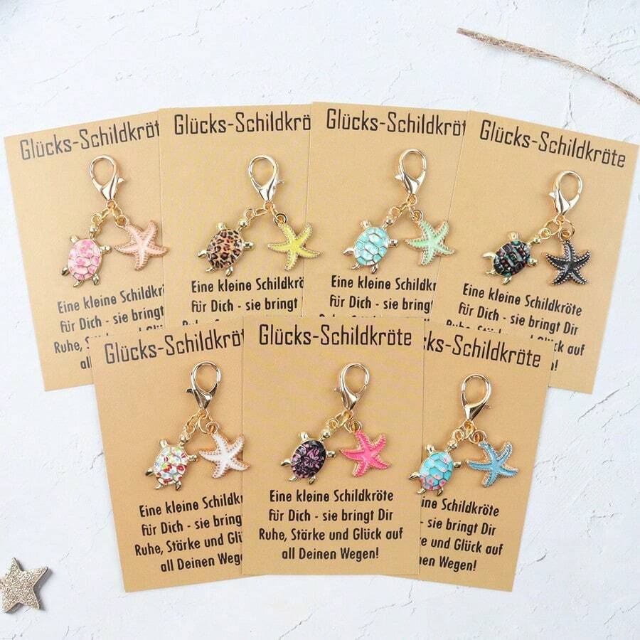 14pcs/7pcs Enamel Lucky Sea Turtle Starfish Dangle Keychain, Golden Metal Lobster Clasp Bag Charm For Purse Summer Ocean Beach Decor Gifts