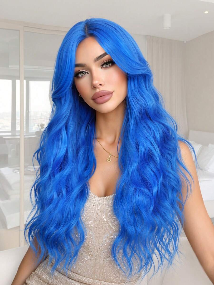 Dark Blue Wig With Bangs For Women, 26 Inch Wavy Synthetic Wig Heat Resistant Synthetic Fiber, Trimmable Bangs, Lightweight For Daily Wear, Cosplay, Parties, Festivals, And Halloween - Multicolor - View 1