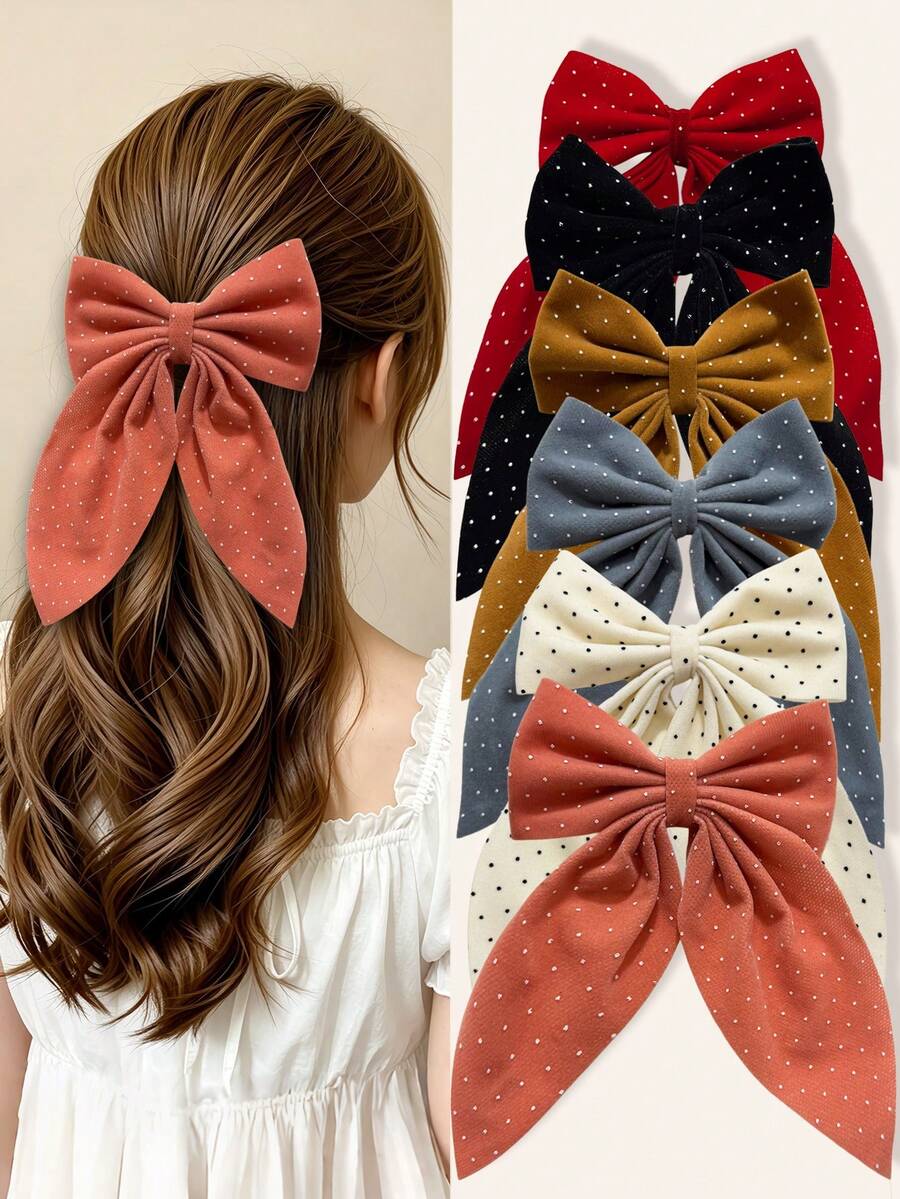 6pcs Girls Vintage Polka Dot Fabric Bow Hair Clips, Suitable For Commuting, Shopping, Fits Half-Up, Ponytail, Loose Hair, Sweet Atmosphere Hair Accessories - Multicolor - View 1