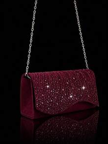 Shiny Rhinestone Evening Bag, Luxury New Women's Party Bag, Shoulder Bag, Paired With Shiny Rhinestone Pendant Necklace, Earrings, Bracelet, Suitable For Evening Party, Gathering, Party, Ball - Burgundy - View 5