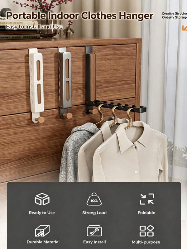 Over-The-Door Folding Clothes Rack Carbon Steel Portable Indoor Drying Rack Multi-Hook Hanging Storage Organizer For Wardrobe Cabinet Doors Clothing Laundry Room Bedroom Apartment Space Saving Solution