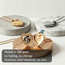 Custom Heart-Shaped Locket Necklace, Birthstone Pendant With Engravable Name And Photo Storage, 18K Gold Stainless Steel Material, Suitable For Women, Mother, Wife, Girlfriend, Anniversary, Birthday, Valentine's Day Gift, Daily, Party - Multicolor - View 9