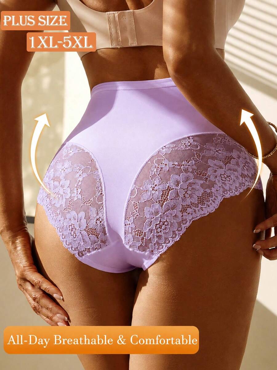 1pc Plus Size High Waist Breathable Ice Silk Fabric Shaping Panties Mesh Cross Weave Design Triangle Briefs - Mauve Purple - View 1