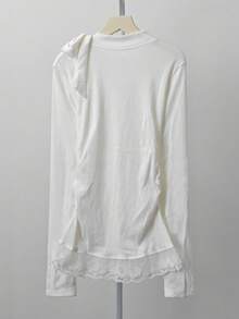 Women's Bow Tie Lace Trim Long Sleeve Base Layer T-Shirt, Sweet Design Inner Top For Autumn/Winter - White - View 8