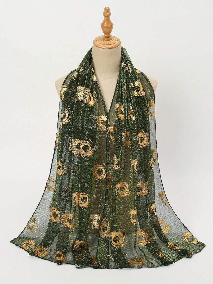 1pc Breathable Fashionable Gold Thread Sequin Headscarf Solid Color Gauze Shawl For Women - S50173-dark Green - View 1