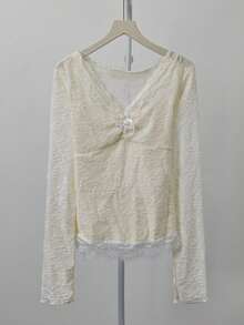 Sexy Style Lace Hollow Patchwork Bow T-Shirt Women Autumn/Winter Inner Layer Base Top Sexy Girl - Apricot - View 8