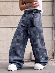 1Pc Men's Retro Blue Wash Mosaic Checkered Jacquard Baggy Wide Leg Jeans - Blue - View 4