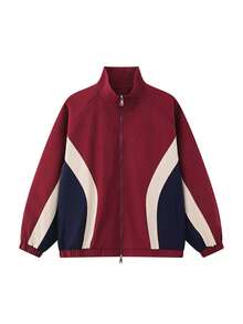 Fashionable Retro Colorblock Curved Patchwork Stand Collar Jacket Loose Fit Double Zipper Sporty Casual Jacket Unisex Spring Autumn - Red - View 2