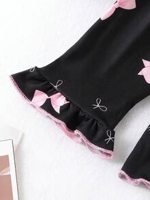 Sweet Bow Print Girls' Loungewear, Ruffle Trim Loose Long Sleeve Young Girl' Pajamas - Black - View 4