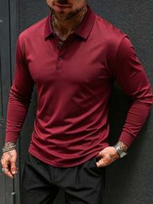 Men's Long Sleeve Polo Shirt, Solid Color, Breathable, Slim Fit, Business Casual, Lightweight, Wrinkle-Resistant, Commuter, Golf Shirt - Red - View 4