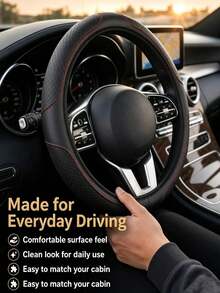 One New Leather Steering Wheel Cover Featuring A 3D Embossed Grid Pattern, Offering Comfort And Softness; Designed For Car Interiors Without An Inner Ring, Suitable For 14.5–15-Inch Steering Wheels. An Automotive Interior Accessory. - Multicolor - View 2