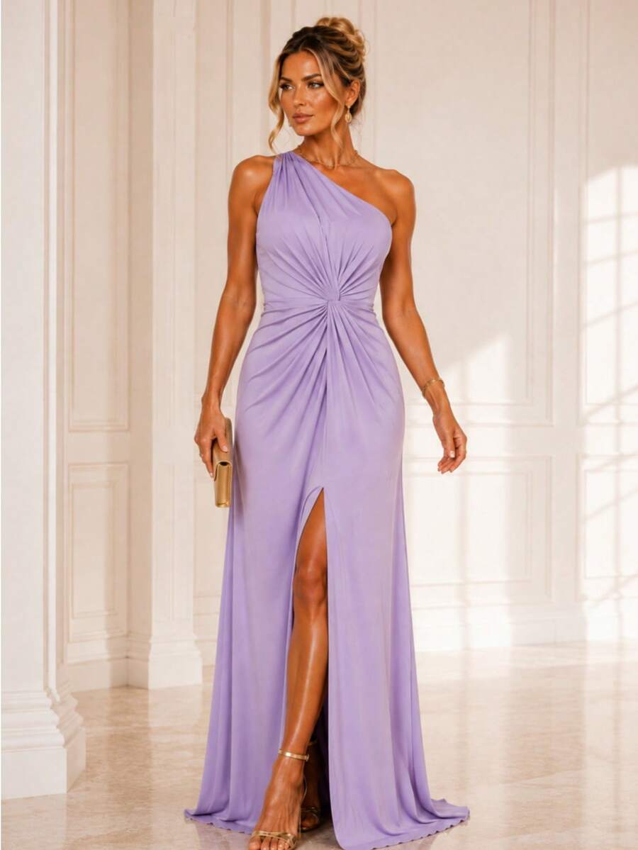 One-Shoulder Knot Bridesmaid Dress For Wedding Day Or Night Guests - 紫丁香色 - 查看 1