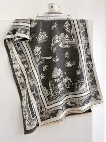 1pc Retro Scenic Wildlife Building Print 65*185cm Rectangle Scarf, Thick Faux Cashmere Brushed Polyester, Winter Shawl For Travel Party Daily Outing - Multicolor - View 13