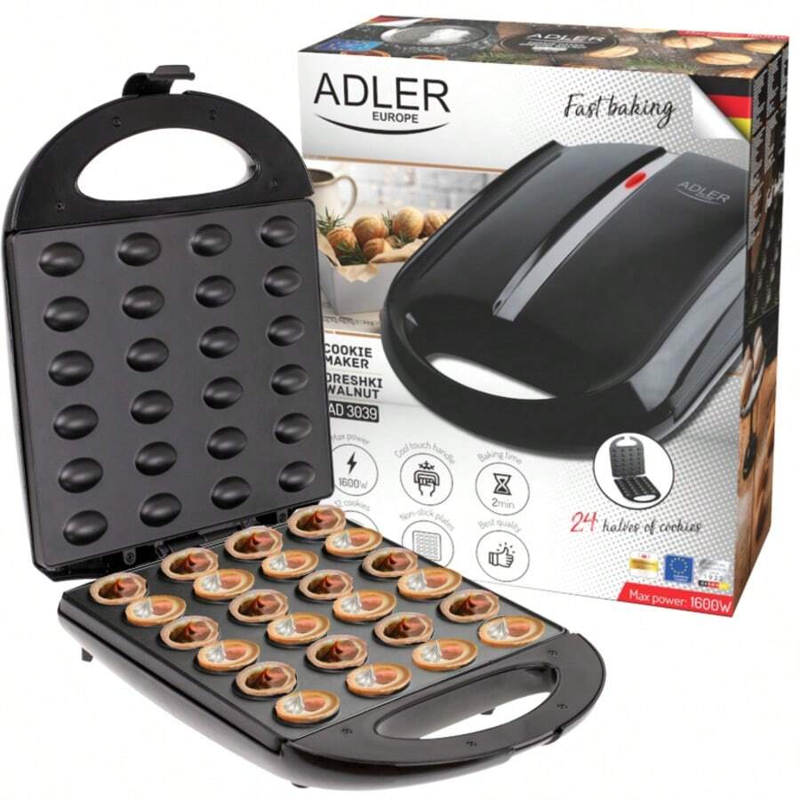 ADLER AD 3039B Electric Nut Cookie Maker 1600W, Walnut Cookie Baking Machine For Homemade Filled Cookies, Bakes 24 Half Shells Per Cycle, Non-Stick Plates, Fast 2-Minute Baking, Cool-Touch Handles And Locking Lid - EU E Type Plug(220-240V) - View 1