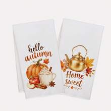 2PCS Kitchen Towel, Simple Autumn Pumpkin & Maple Leaf Pattern, 40*60cm Rectangular Microfiber Kitchen Towel, Dish Cloth, Tablecloth, Hand Towel, Kitchen Decor, Home Decor, Neighbor Housewarming Gift, Kitchen Napkin & Dish Cloth, Home Decor, Gift, Perfect For Kitchen & Bathroom Use - White - View 10