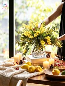 5 Bunches Of High-Quality Artificial Mimosa (Mimosa/Wattle) - Romantic Holiday Style, Ideal For Wedding Decor, Home Decor, And Various Special Occasions - Yellow - View 5