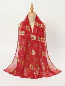 1pc Breathable Fashionable Gold Thread Sequin Headscarf Solid Color Gauze Shawl For Women - S50173-red - View 2