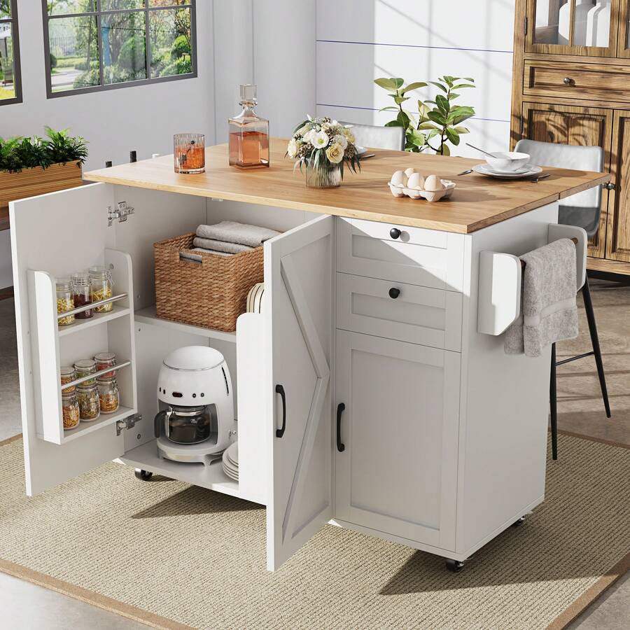 Modern Kitchen Island, Kitchen Cabinet, Buffet Cabinet, Dining Cart With Wood Grain, Multifunctional Dining Table With Storage Space, Dining Cart With Snack Shelves, White, 120 X 43.2 X 92 Cm - White - View 1