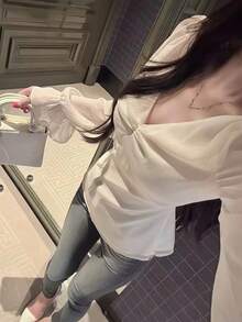 優雅法式風格V領修身女款上衣 - 杏色 - 查看 4