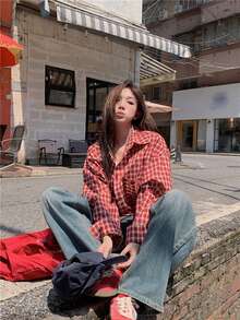 Korean Style Loose Fit Plaid Long Sleeve Shirt Streetwear - Red - View 2