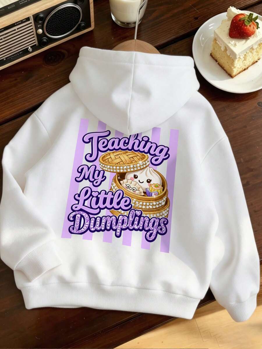 Cute Steamed Bun Print Women's Sweatshirt, Fun Letter Back Graphic Casual Top - White - View 1