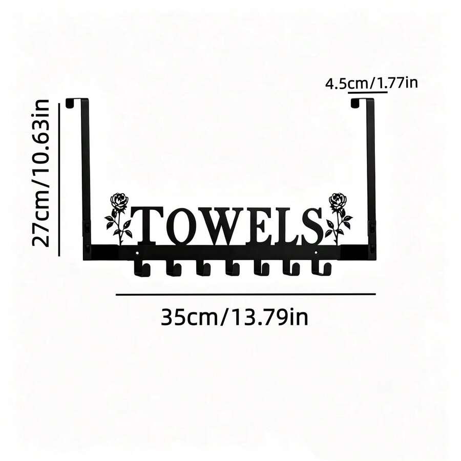 No-Drill Door Towel Rack, Iron Rose TOWELS Hanging Rack, Bathroom Door Hook, Multi-Function 7-Hook Bath Towel Storage Rack, Bathroom Storage Rack, Thanksgiving, Holiday, Home Decor Gift Choice - View 1