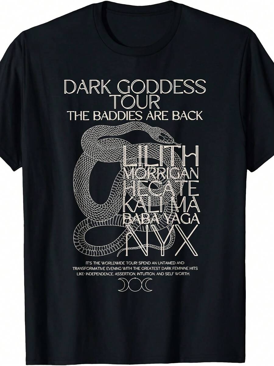 Camiseta Dark Goddess Tour - Diseño Gráfico de Serpiente Lilith Hecate Morrigan, Estilo Retro Gótico, Cuello Redondo, Corte Regular, Adecuada para Uso Diario, Lavable a Máquina, Ropa Cas - Negro - Ver 1