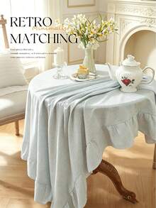 1pc Tablecloth With Ruffle Hem Decor, Polyester Fabric, Light Blue Plaid Pattern, Rectangular Or Square, Suitable For Dining Room And Living Room Table Decor - Baby Blue - View 6
