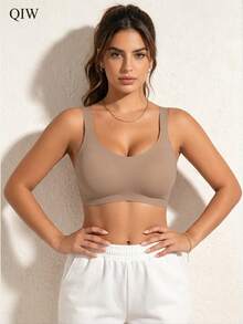 1pc Women's Earth Tone Backless Light Sports Bra, Wide Strap, Wire-Free, Removable Padding - Camel - View 5