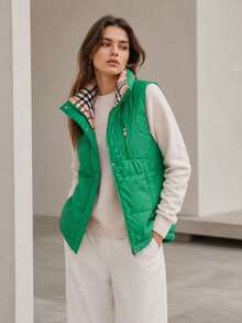 Women's Reversible Vest, 2-In-1 Sleeveless, One Side Plain, One Checkered. Loose Fit. - Green - View 1
