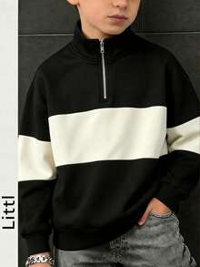 Boys Color Block Half Zip Stand Collar Sweatshirt, Casual Long Sleeve Pullover For Fall Winter Kids Sports Tops - Black - View 2