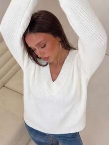 Wixra Women's V-Neck Textured Knit Sweater, Dropped Shoulder Long Sleeve Loose White Pullover - White - View 8