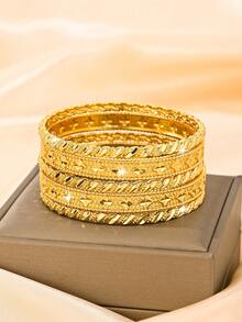 5pcs/Set 21K Gold Plated Banajer Bracelet Set, Rust-Resistant Gold Alternative, Clover & Star Shaped Precision Cut Rope Textured Bracelet, Exquisite Jewelry - 01 - View 3