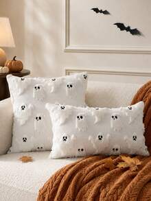 1pc Halloween Pillow Case, Cute Bat Embroidery Design, Soft Faux Wool Cushion Cover, Suitable For Autumn Home Decor Gift, Sofa Chair Bedroom Use - White - View 4
