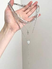 4pcs Women's Silver Metal Cross Pendant Necklace, Multi-Layer Stackable Personalized Necklace For Party And Gathering - Multicolor - View 4