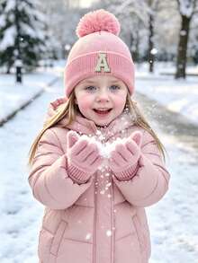 3pcs/Set Baby 26 Letters Pattern Knitted Hat And Gloves Set, Warm And Cute, Suitable For Autumn/Winter Outdoor Use, Can Be Used As Birthday Gift - Pink - View 3
