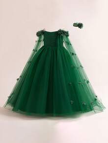 Tween Girls Spaghetti Strap Long Tulle 3D Floral Ball Gown Princess Dress Elegant Party Dress, Headband Not Included - Dark Green - View 5