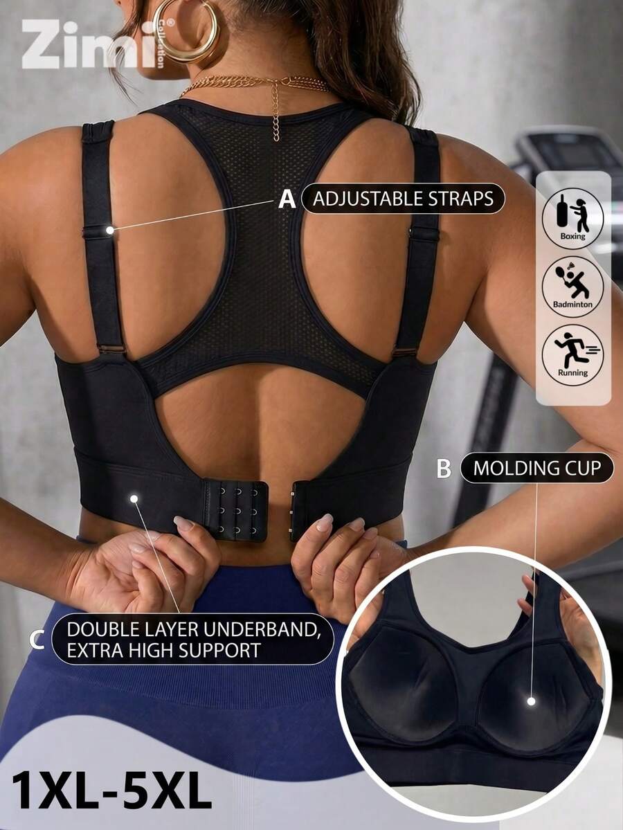 Zimi Collection 1 Pack Plus Size Women's Wireless Sports Bra 1XL-5XL Black Racerback Adjustable Straps Built-In Pads Workout Bra For Gym Yoga Running Fall