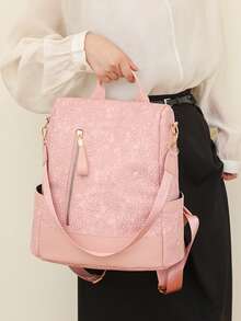 Mochila de viaje diario de moda con gran capacidad y diseño antirrobo en bloques de color - Rosa - Ver 5