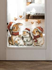 1pc 2D Flat-Printed Christmas-Themed Rabbit Glass Sticker, Electrostatic Adhesion, Reusable, Suitable For Indoor Windows, Used For Window Decoration And Holiday Decor, Easy To Install And Remove, Can Be Used As A Holiday Gift. - Multi-color - View 6