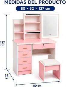 Bluelander Tocador para Niña con Espejo LED, Tocador de Maquillaje con 5 Cajones, Incluye Banco, 3 Modos de Iluminación, Vanity Infantil para Recámara, 80 * 32 * 127 (Rosa) - Rosa Roja - Ver 3
