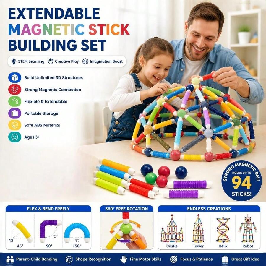 25/36/42/64pcs Extendable Magnetic Sticks Building Toy, Portable 3D STEM Construction Set For Kids Ages 3+, Creative DIY Birthday Gift - Multicolor - View 1