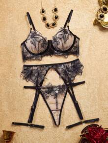 PinupPomp 5pcs Floral Embroidery Mesh Sexy Lingerie Set For Women - Black - View 2