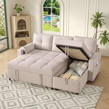 L‑Shaped Convertible Corner Sofa Bed, Reversible Chaise, Pull‑Out Sleeper Sofa With Storage Compartment, Flip‑Down Wooden Tray & Dual Cup Holders, Linen Fabric Sectional Couch For Living Room Bedroom - Beige - View 10