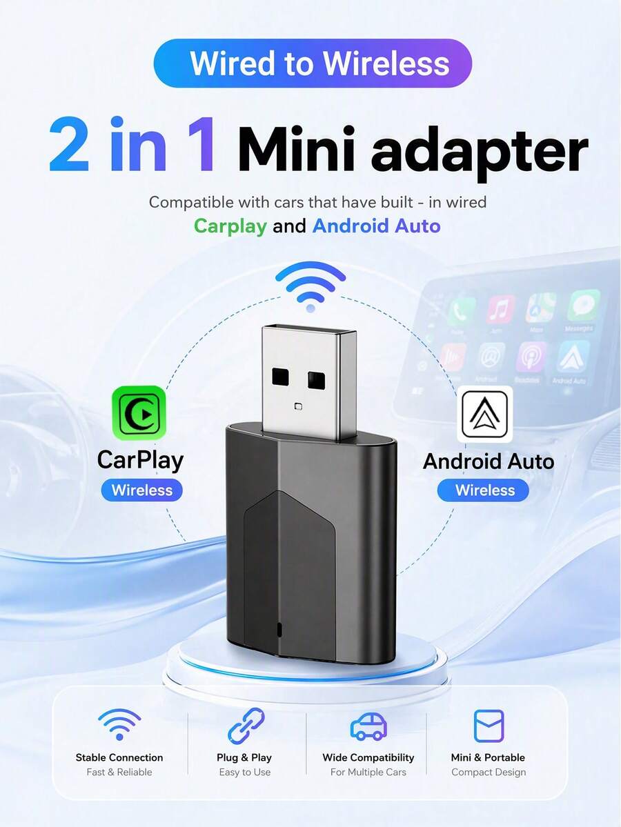 XUDA 2026 New 2-In-1 Wireless Car Smart Box, CarPlay & Android Auto Mini Adapter, Carplay Converter, Fast Auto Connection, No Delay, Compact & Elegant Smart Box, Wired To Wireless, Fashionable & Portable, With USB/USB-C Ports - A - View 1