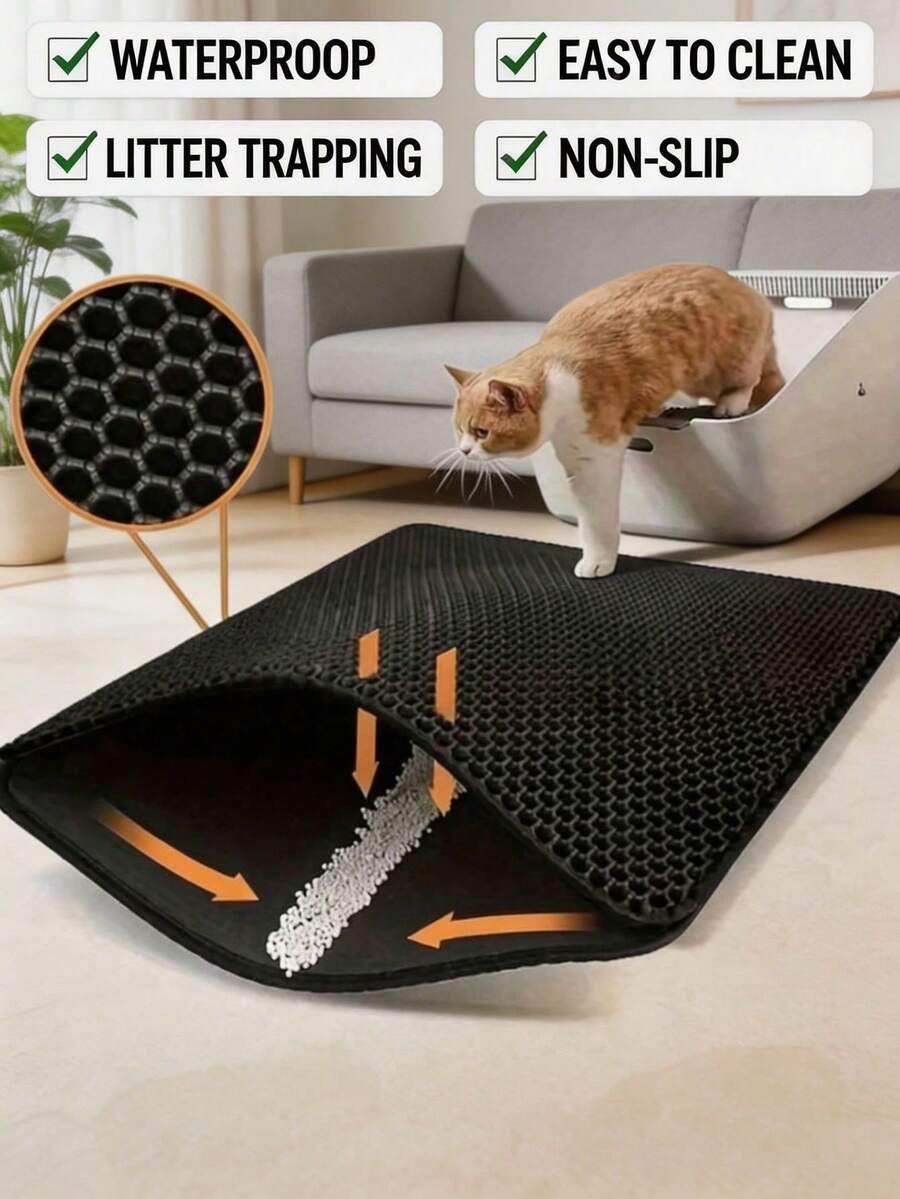 Double-Layer Waterproof & Urine-Proof Cat Litter Mat, Honeycomb Design For Easy Litter Collection, Suitable For Various Cat Litter, Litter Boxes And Enclosed Litter Boxes - Black - View 1