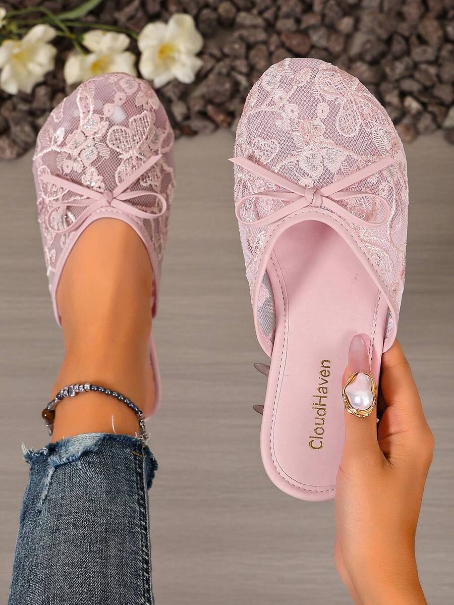 Bowknot Lace Breathable Silk Head Slippers Anti-Slip Soft Sole Indoor/Outdoor Dual-Use - Pink - View 1