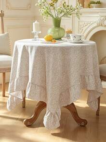 1pc Tablecloth With Scalloped Lace Trim, Polyester Fabric, Light Brown Floral Pattern, Rectangular/Square, Suitable For Dining Room And Living Room Tabletop Decor - Light Coffee - View 9